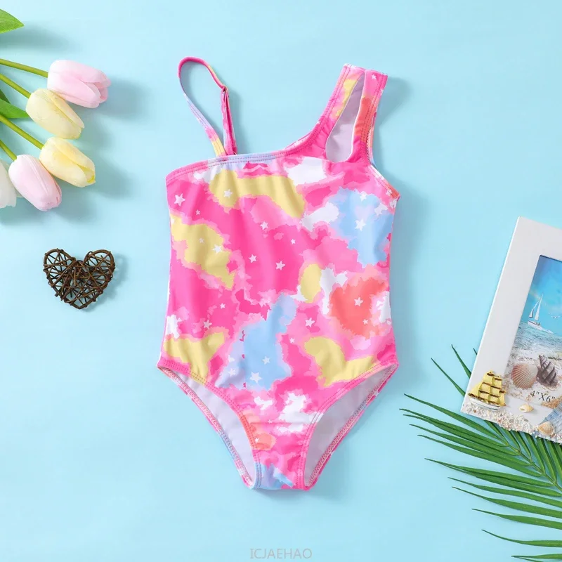 

2025 Girls Floral One Shoulder Swimsuit Strappy Beach Outfit Summer VacationMinimalist Wear Swimwear KidsSeaside Activities