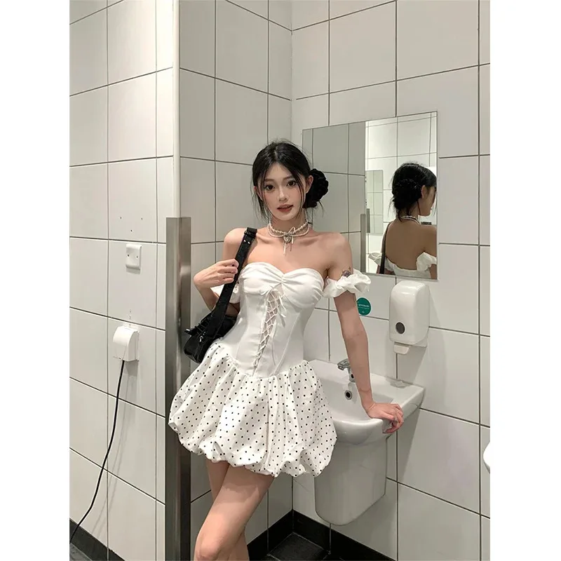 

MEXZT Y2K Polka Dots Mini Dress Women Party Sexy Strapless Bandage Bud Dresses Summer Gyaru Korean Backless Bodycon Vestidos New