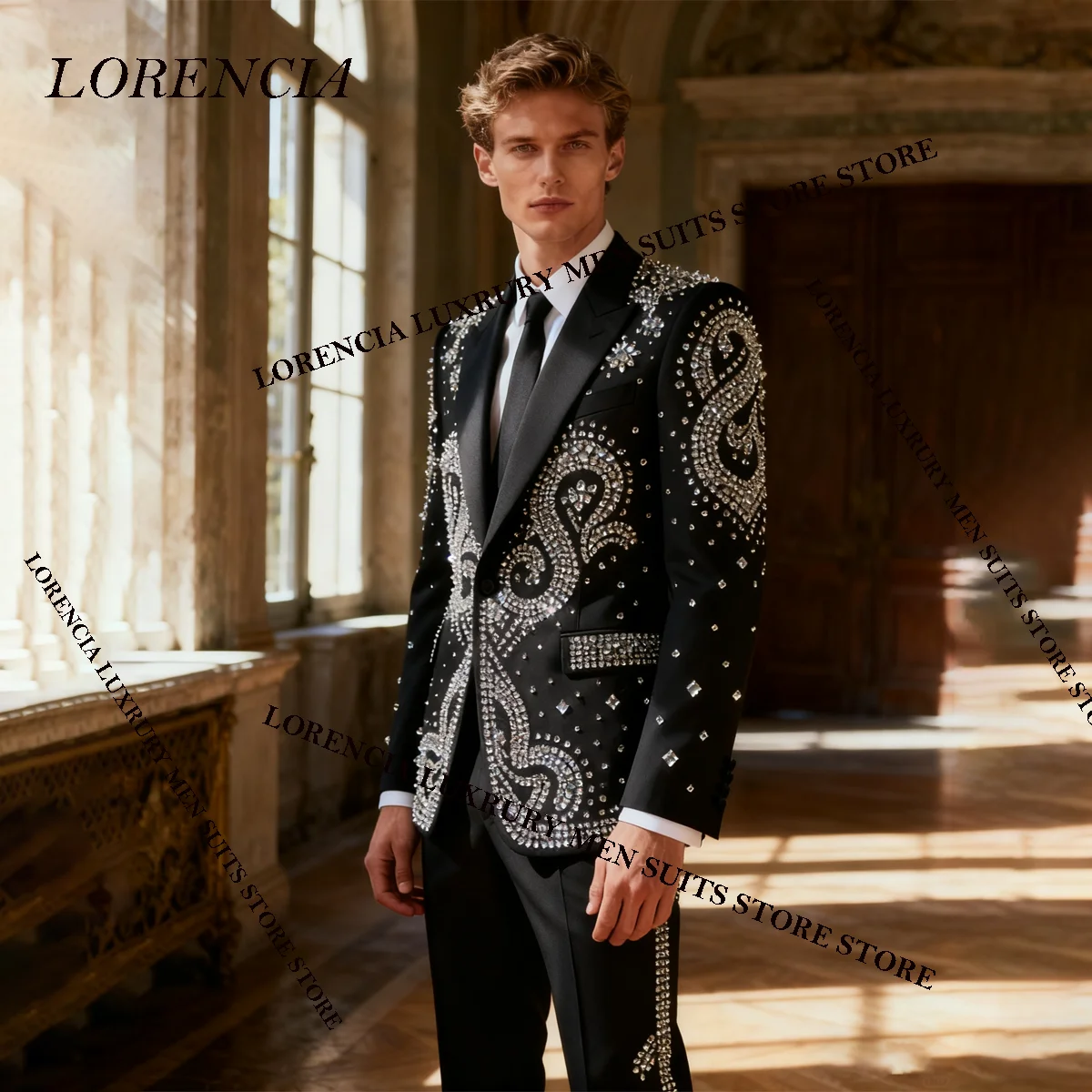 

Exquisite Gem Diamond Men Suit Wedding Tuxedos 2 Pieces Sets Single Breasted Groom Male Blazers Slim Fit Ropa hombre Customized