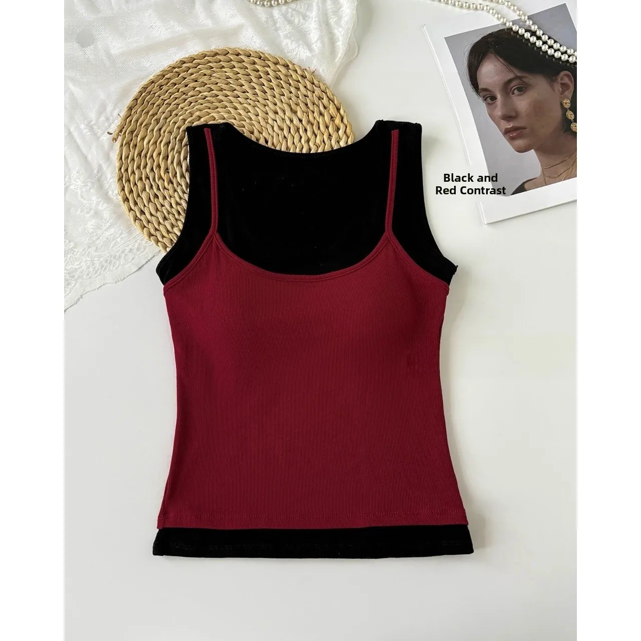 Autumn Winter Korean Style Warm Cashmere Vest Color Block One-Piece Fixed Base Layer Thermal Underwear Women's Fashion
