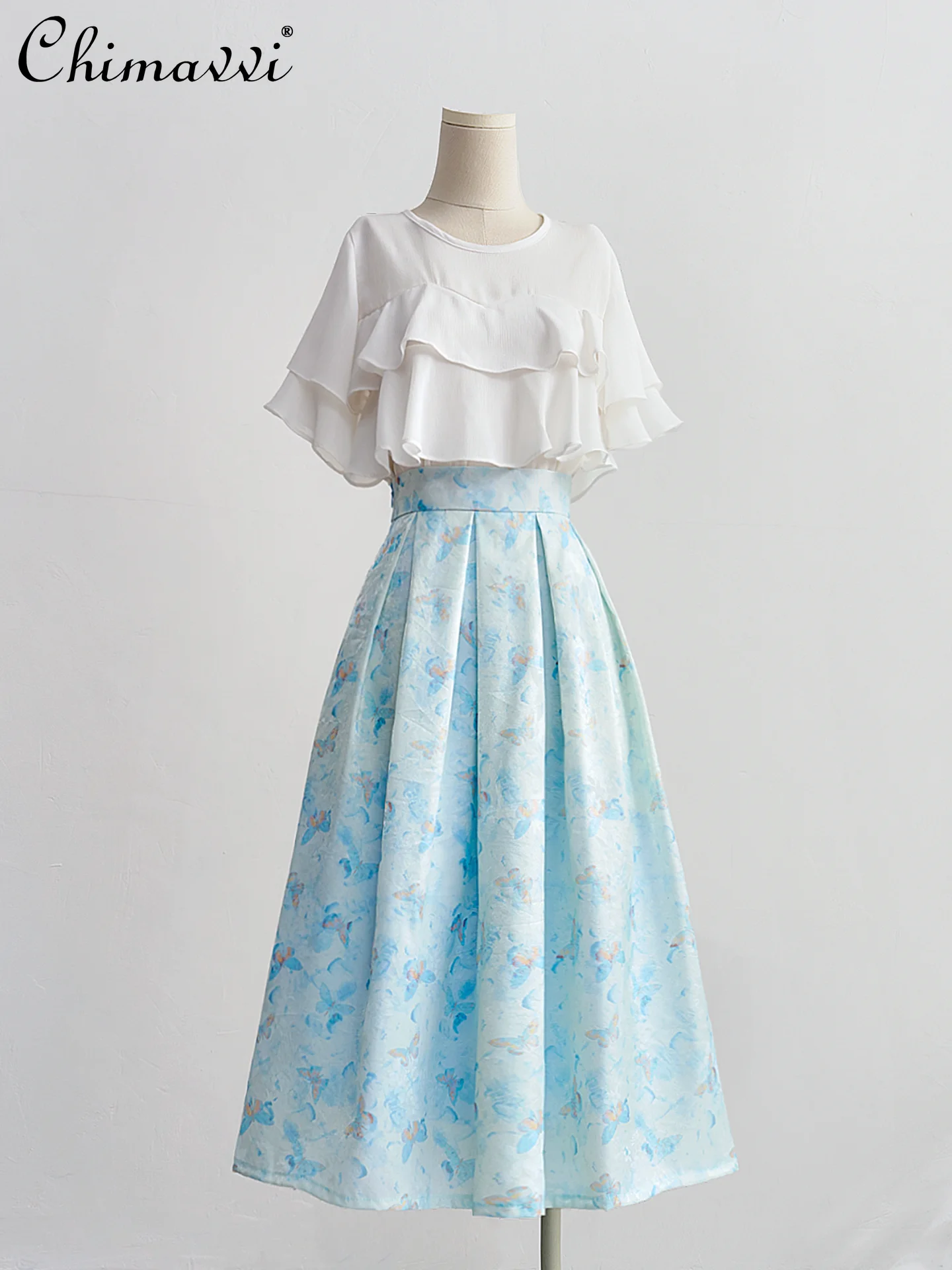 

French Style Elegant Temperament Retro Printed A-line Skirts High Waist Versatile Blue Pleated Long Skirt for Women Summer 2026