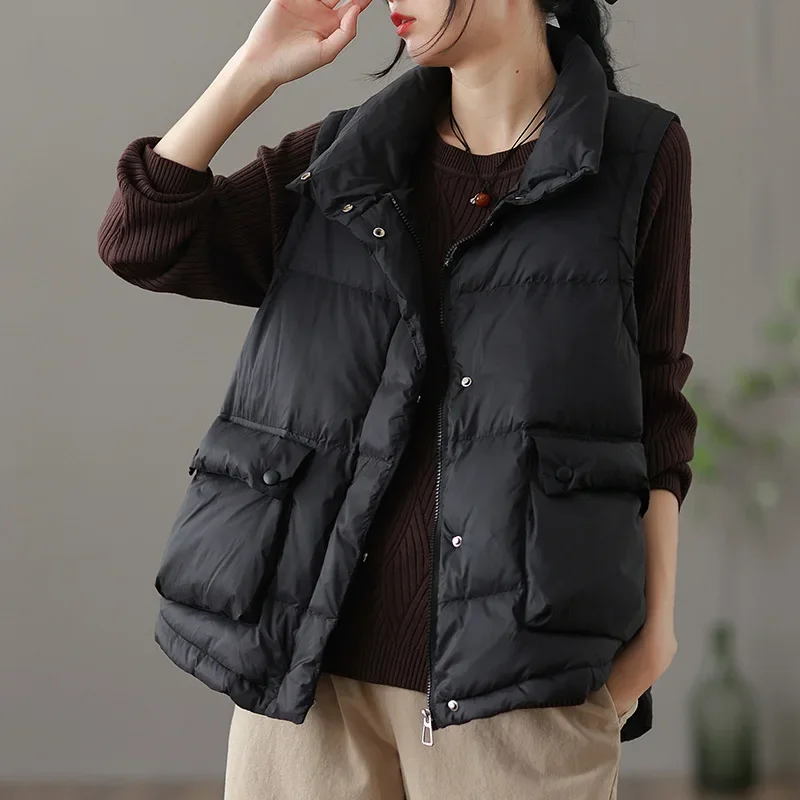 Women Down Jacket Sleeveless Cardigan Vest White Duck Down Warm Puffer Jacket Chic Design Zipper Pockets Luxury Autumn Winter