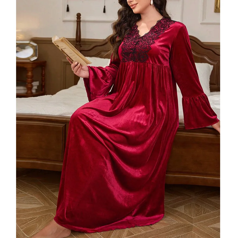 Loose-fitting Plus-size Women's Pajamas New Autumn and Winter Style Comfortable Velvet Long Nightgown Lace Dress Oungewear