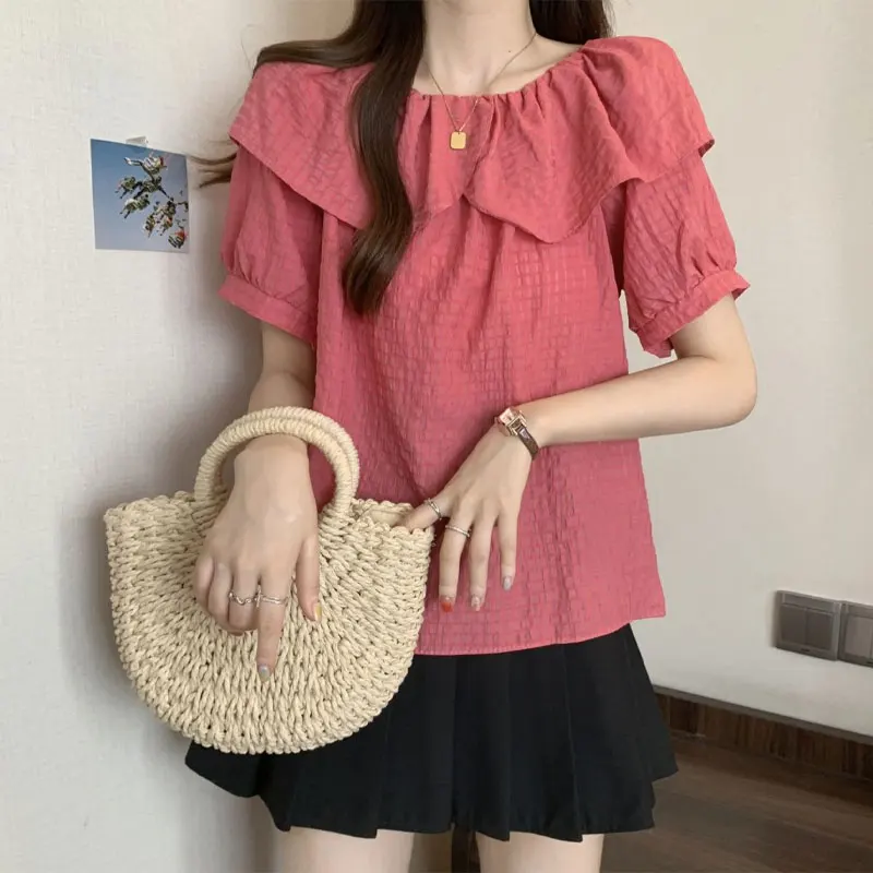 French Style Slash Neck Shirt Women\'s Clothing Sweet Ruffles Spliced Summer Solid Color Stylish Folds Basic Loose Casual Blouse