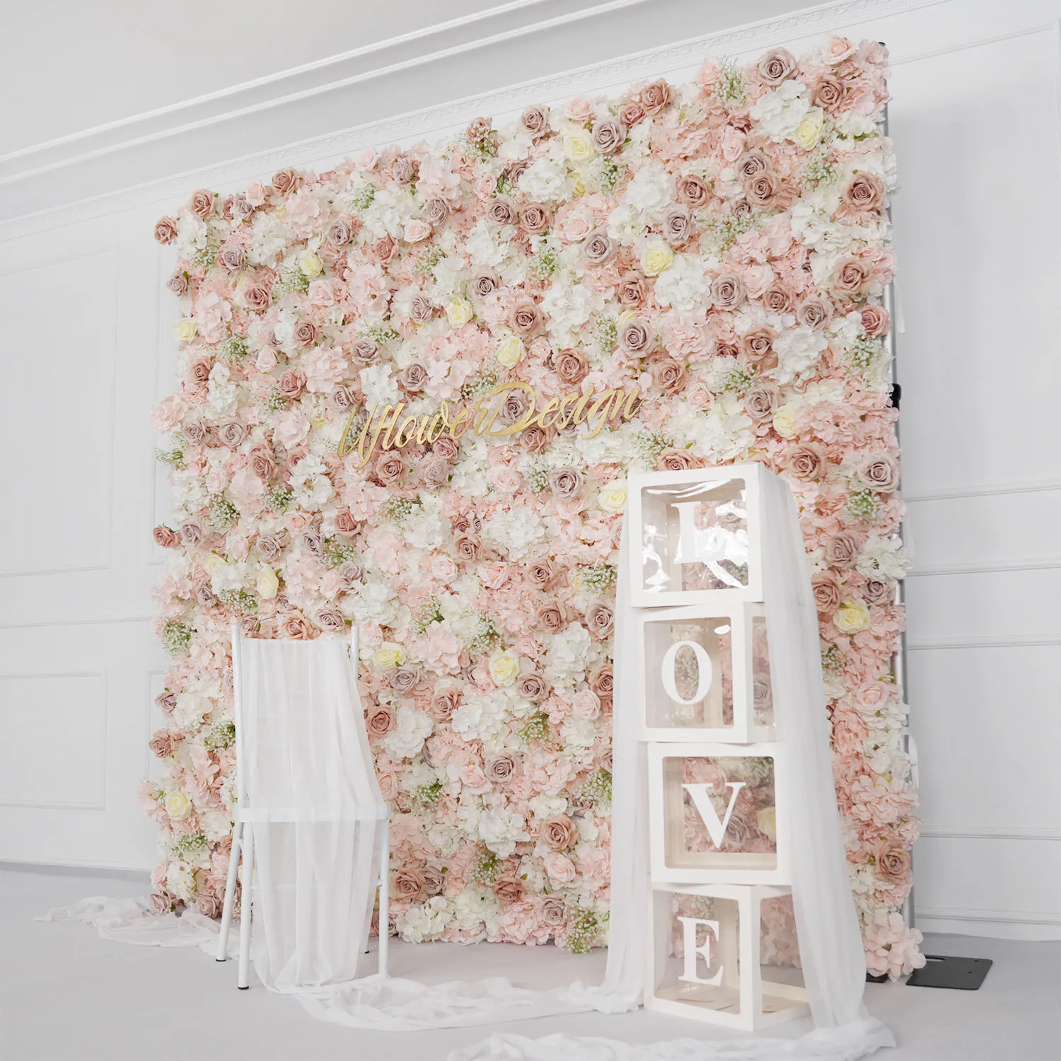 Uflower Luxury Pink White Rose Hydrangea 3D Flower Wall Wedding Party Backdrop Props Gypsophila Arrangement Hanging Decoration