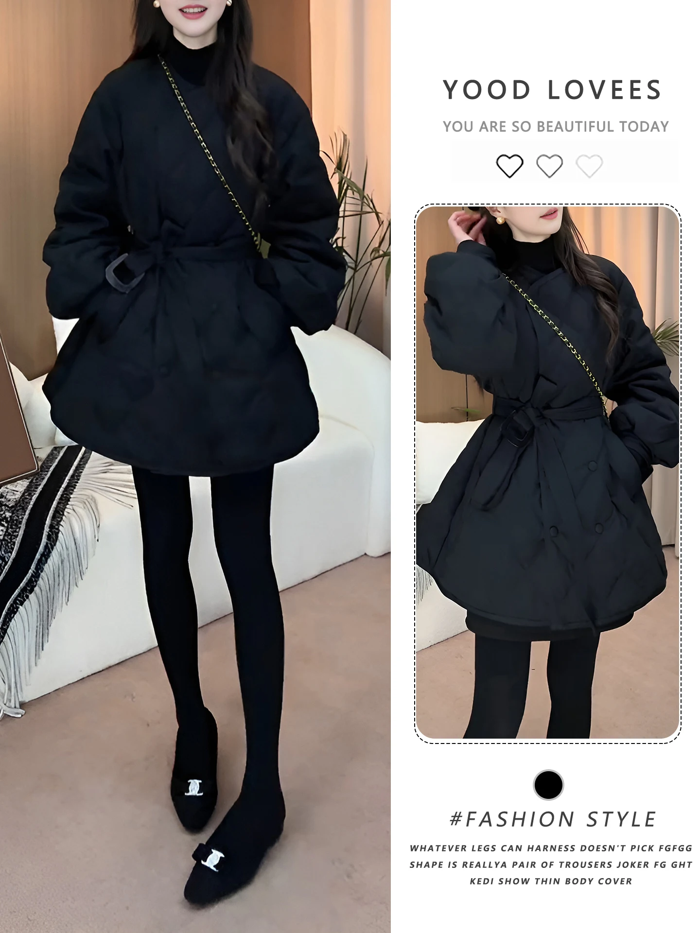 Black Cotton Jacket Women's round Neck Quilted Waist-Cinching Autumn Winter Fashionable Korean Style Long Sleeve Coat