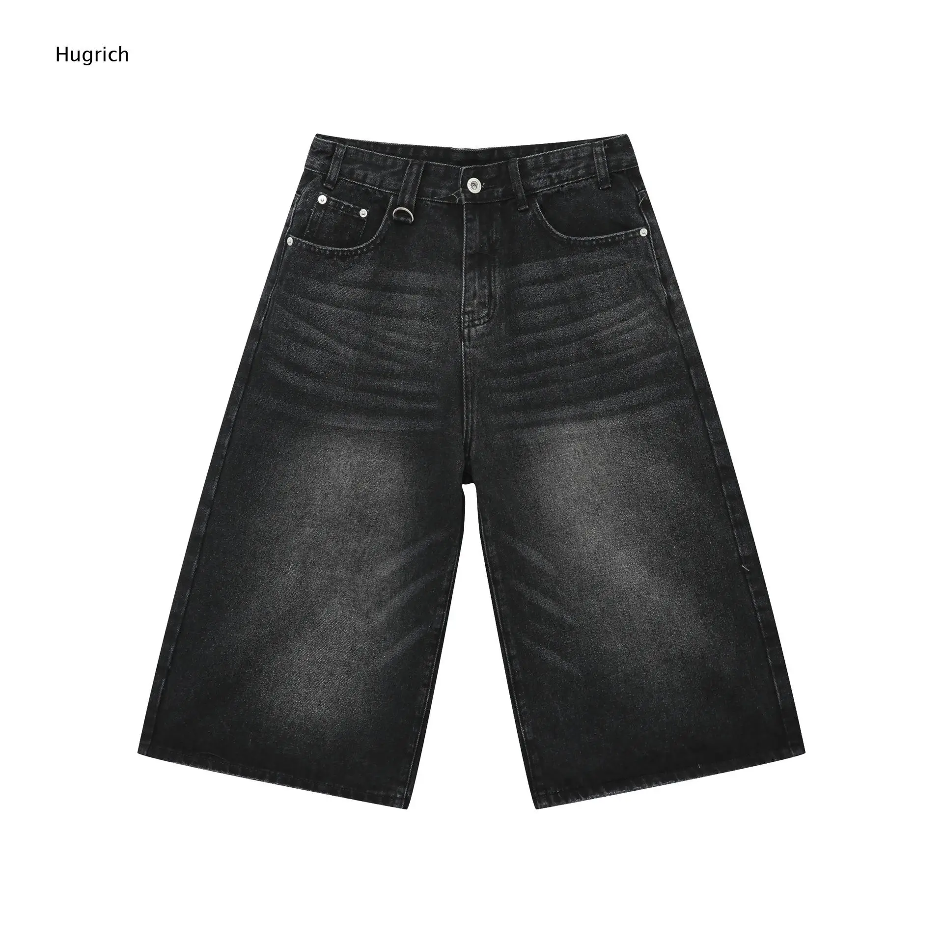Antique Dark Wash D-Ring Waist Five Pocket Loose Baggy Summer Beach Urban Casual Bermuda Jean Shorts