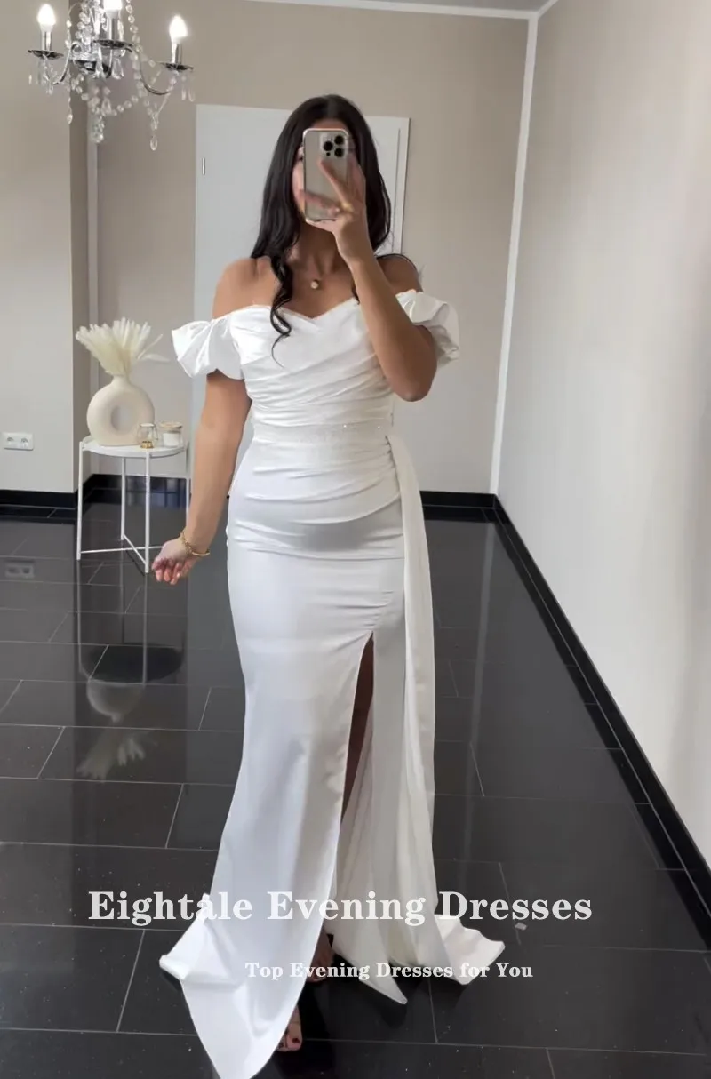 Eightale Arabic Evening dresses Mermaid Off the Shoulder Customized Satin Side Slit White Prom Wedding Party GownsRobe De Soirée