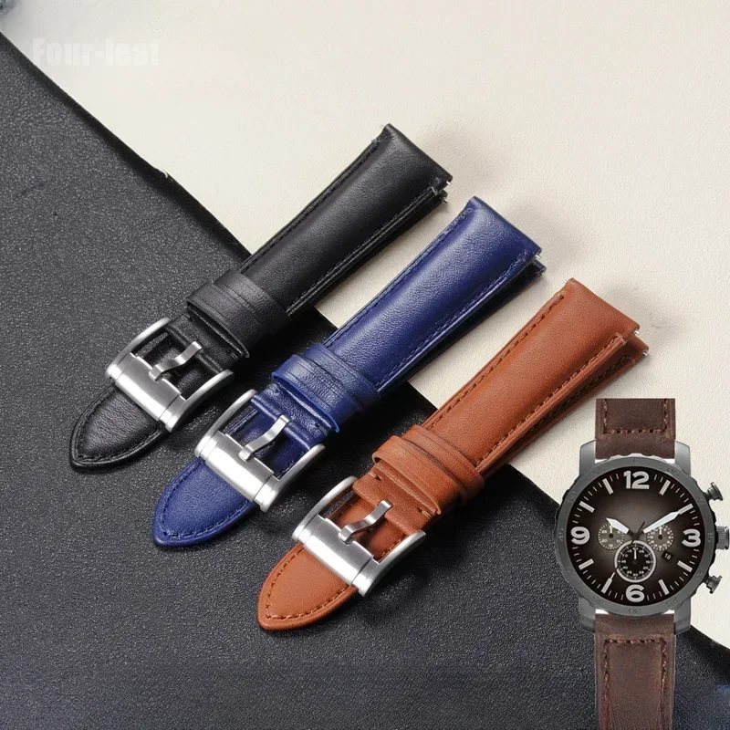 Waterproof Leather Watch Strap for Fosil 22 24mm Accessories Men's Black Blue Brown Smart  FTW1114 ME3110 Replace Watchbands