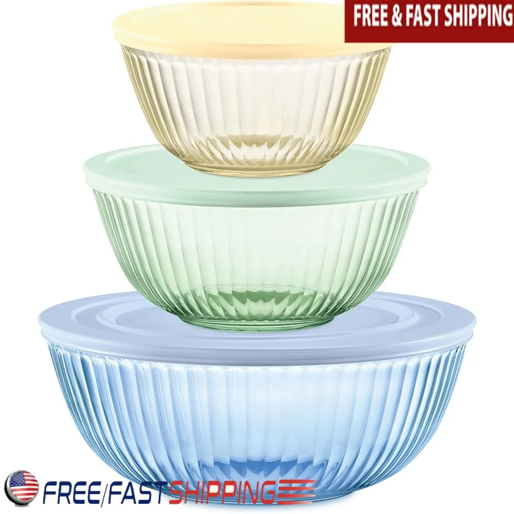 

3 Pack Tempered Glass Mixing Bowls Set with Lids Food Storage Baking Prepping Cooking Stain Resistant Durable 1.3QT 2.3QT 4.5QT