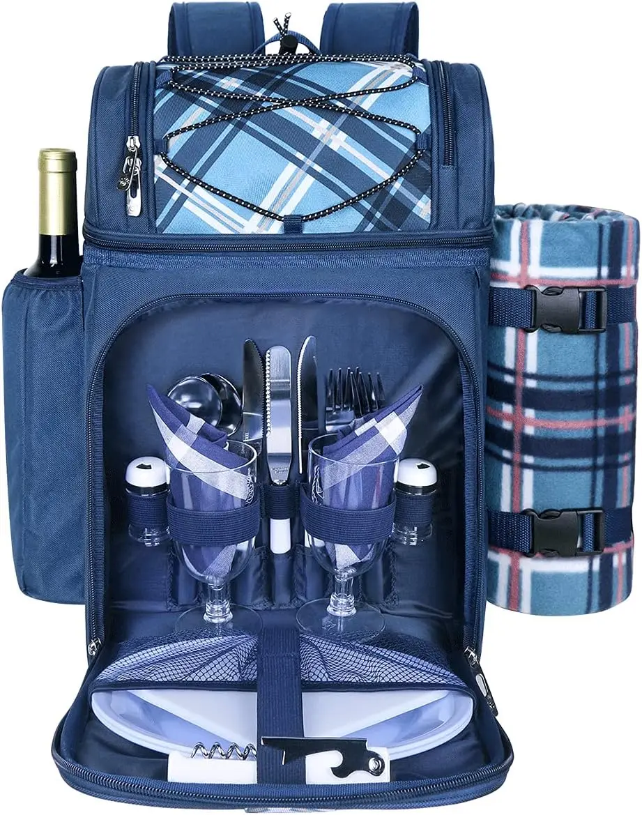 2-Person Picnic Basket Backpack with Two Insulated Cooler Compartments, Wine Holder, Fleece Blanket and Cutlery Set - Ideal Gift for Weddings, Housewarmings, White Elephant and Bridal Showers