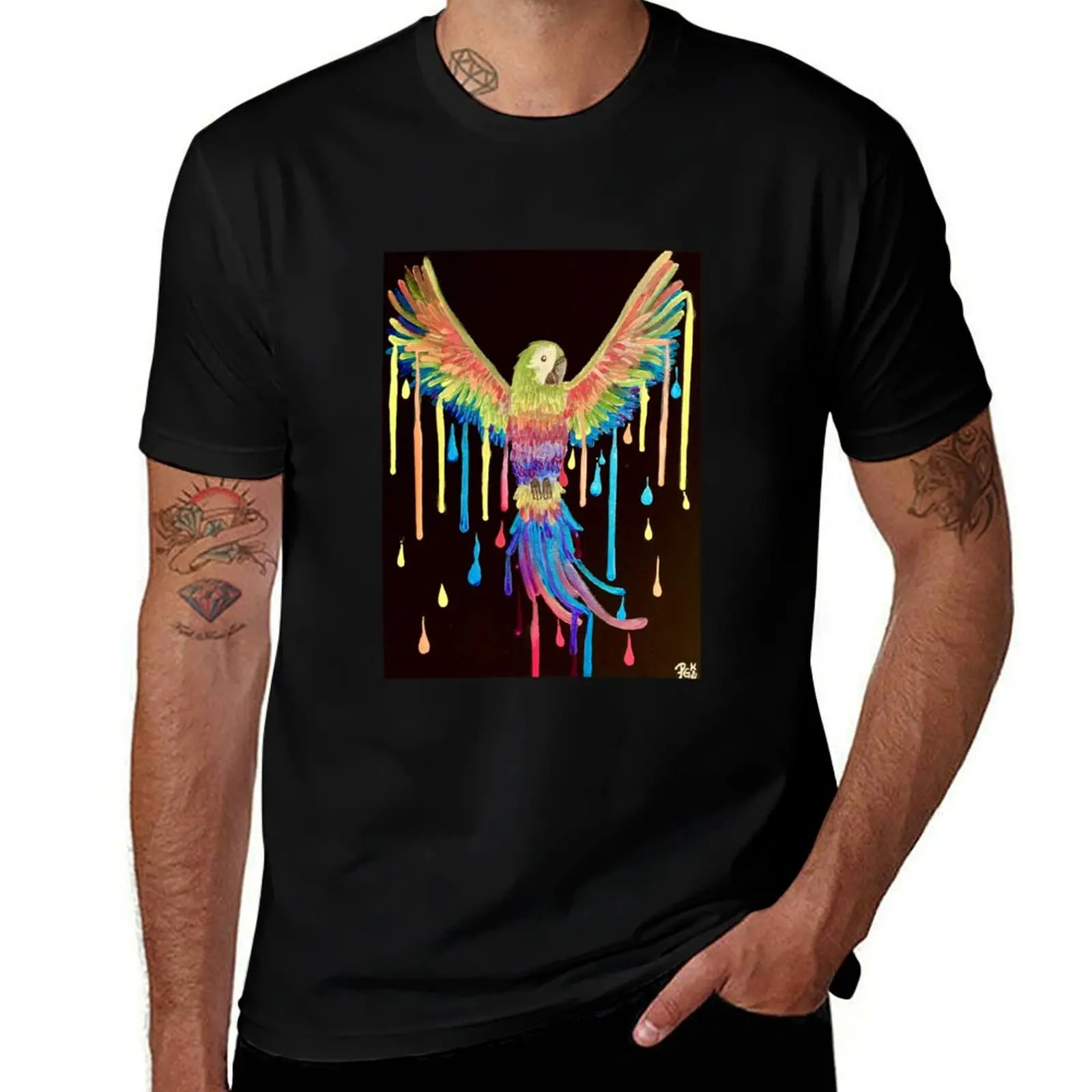 SPREAD YOUR COLORS Parrot and paint drips T-Shirt Active Wear Sports for Men T-Shirt