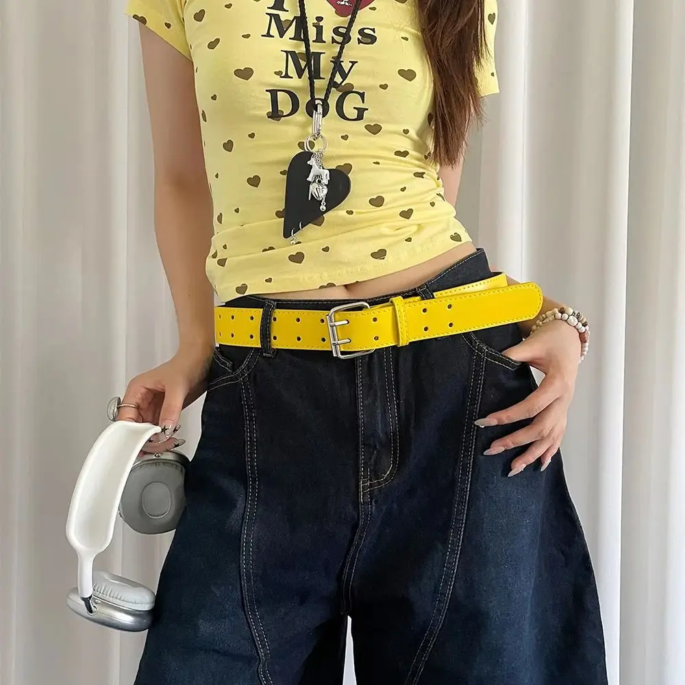 حزام نسائي متعدد الاستخدامات مزدوج الصدر أصفر حزام خصر عريض جلد Y2k فستان حزام جينز ملابس الشارع