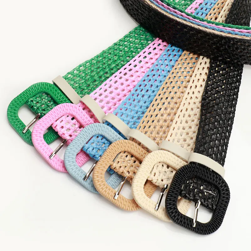 3.8x103CM Color Square Buckle Women's Belt PP Grass Weaving Summer Candy Color Simple Matching Long Skirt Shirt Belt