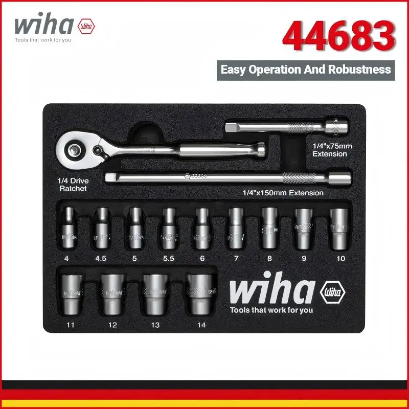 Wiha 44683 16pcs 1/4'' Ratchet Wrench & Insert Tool Set - High-Quality, Non-slip | For Installation & Mounting Work