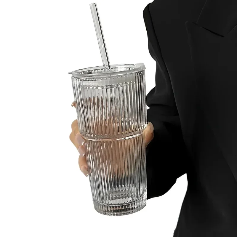 1 600ML striped cup with lid, milk iced coffee cup, beverage cup image 2