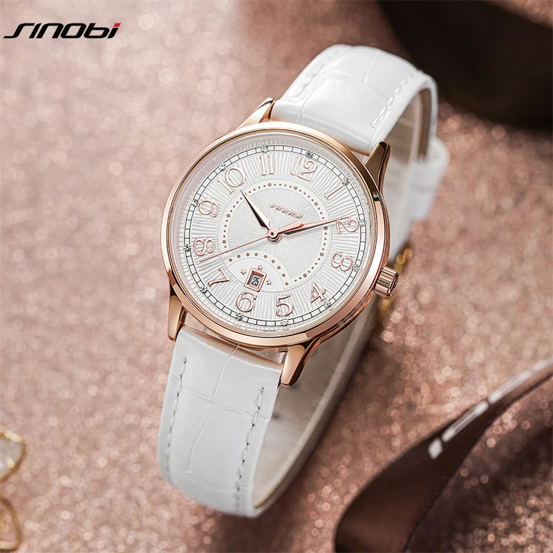 SINOBI Fashion White Leather Strap Woman Watches Original Design Calender Women\'s Quartz Wristwatches Gifts Clock For Ladies