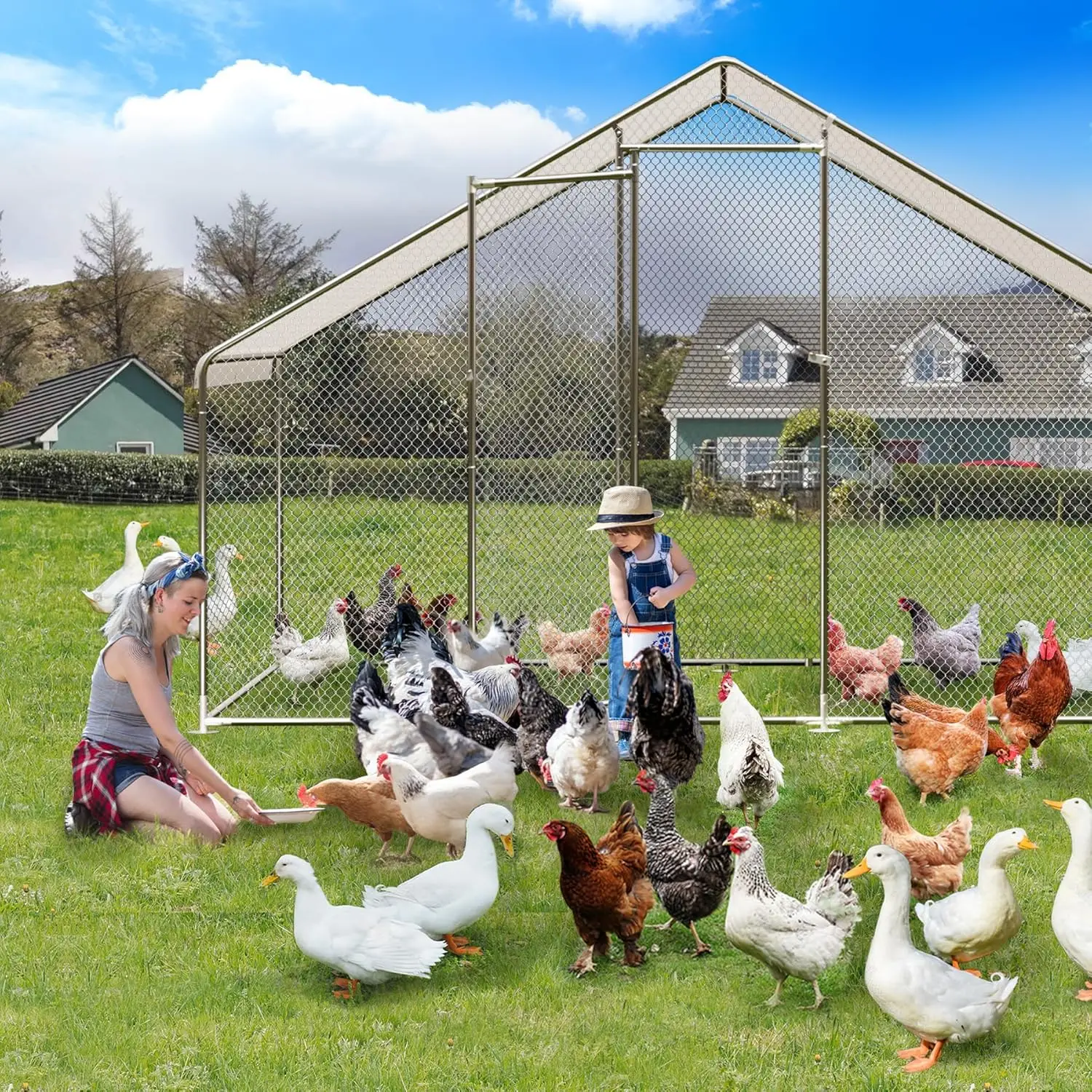 Large Metal Chicken Coop, Walk-in Poultry Cage, Chicken House with Waterproof and Anti-Ultraviolet Cover for Outdoor Yard Farm