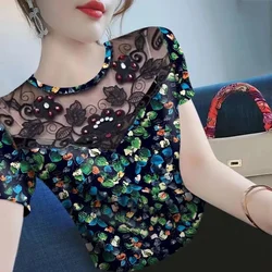 2024 Summer New Fashion Temperament Lace Collar Short Sleeve Fashion T-shirt Women's  Printing Slim Bottom Shirt Top Woman