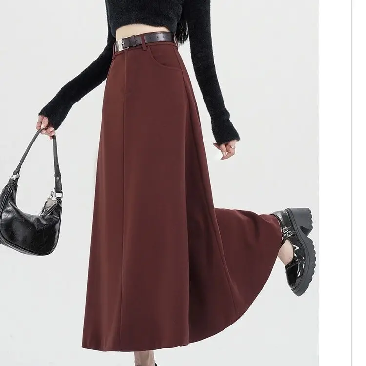 2026 New Solid Color Woolen Skirt Women's Autumn Winter Korean High Waist Big Swing Skirts Female Long Loose Skirts U533