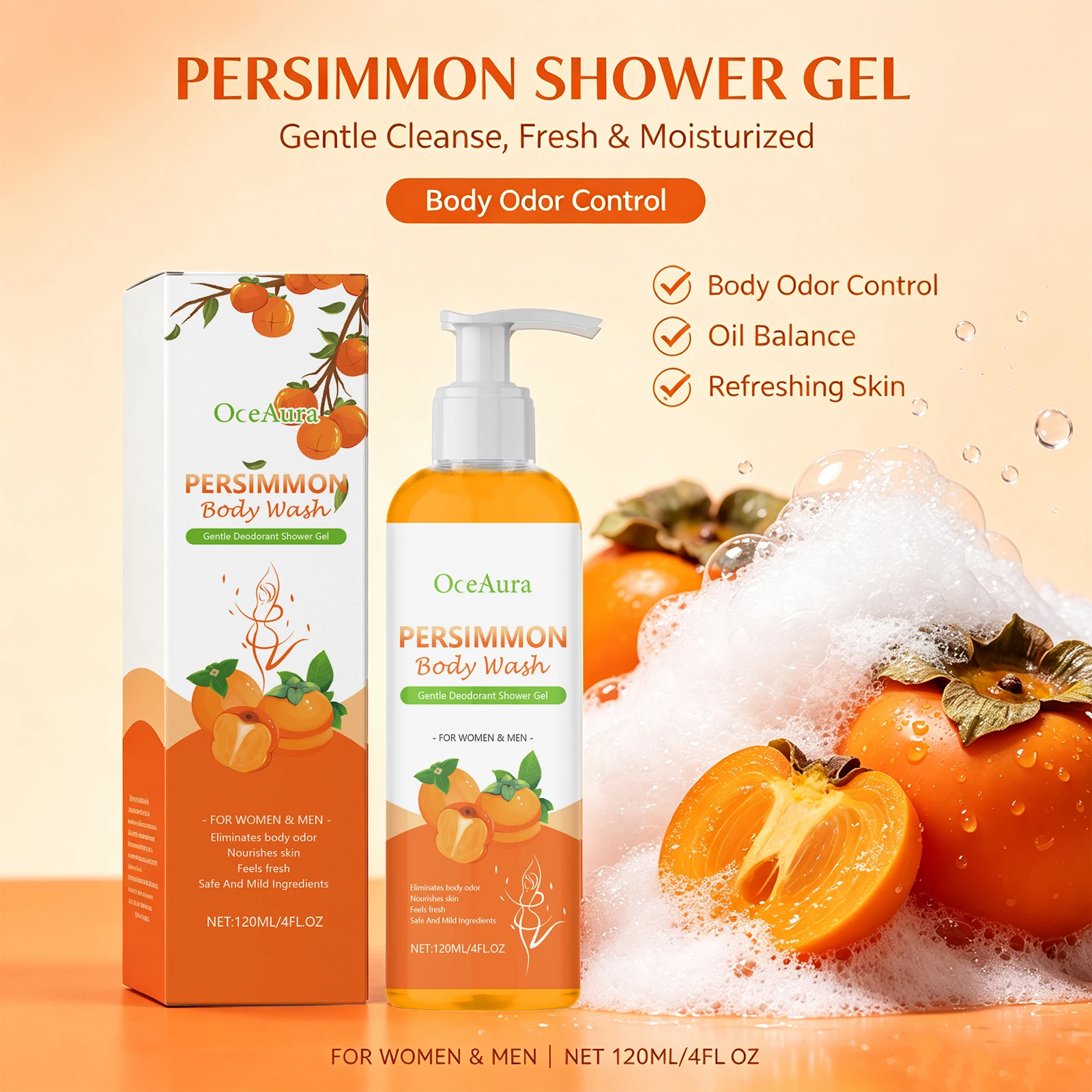 Persimmon Body Wash Shower Gel Oil Control Deodorant Shower Gel for Men Women Odor Eliminator Fresh Moisturized Skin Body Care