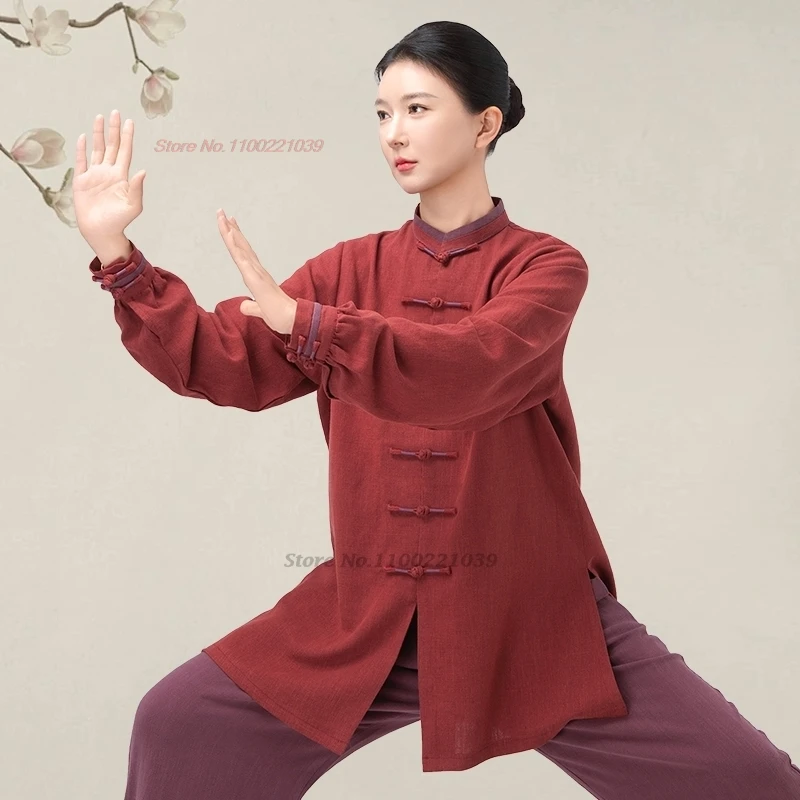 

2025 китайская винтажная одежда для кунг-фу, тай-чи, боевые искусства, тайцзицюань, ушу, униформа, дышащие утолщенные хлопковые льняные топы + брюки, комплект