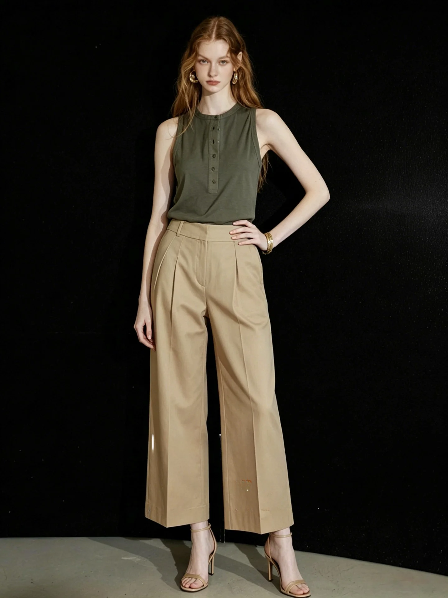 Huaappuw Casual Green Sleeveless Button up T-Shirt Versatile Commute Summer New Style French Style Standard Fit Ladies Top