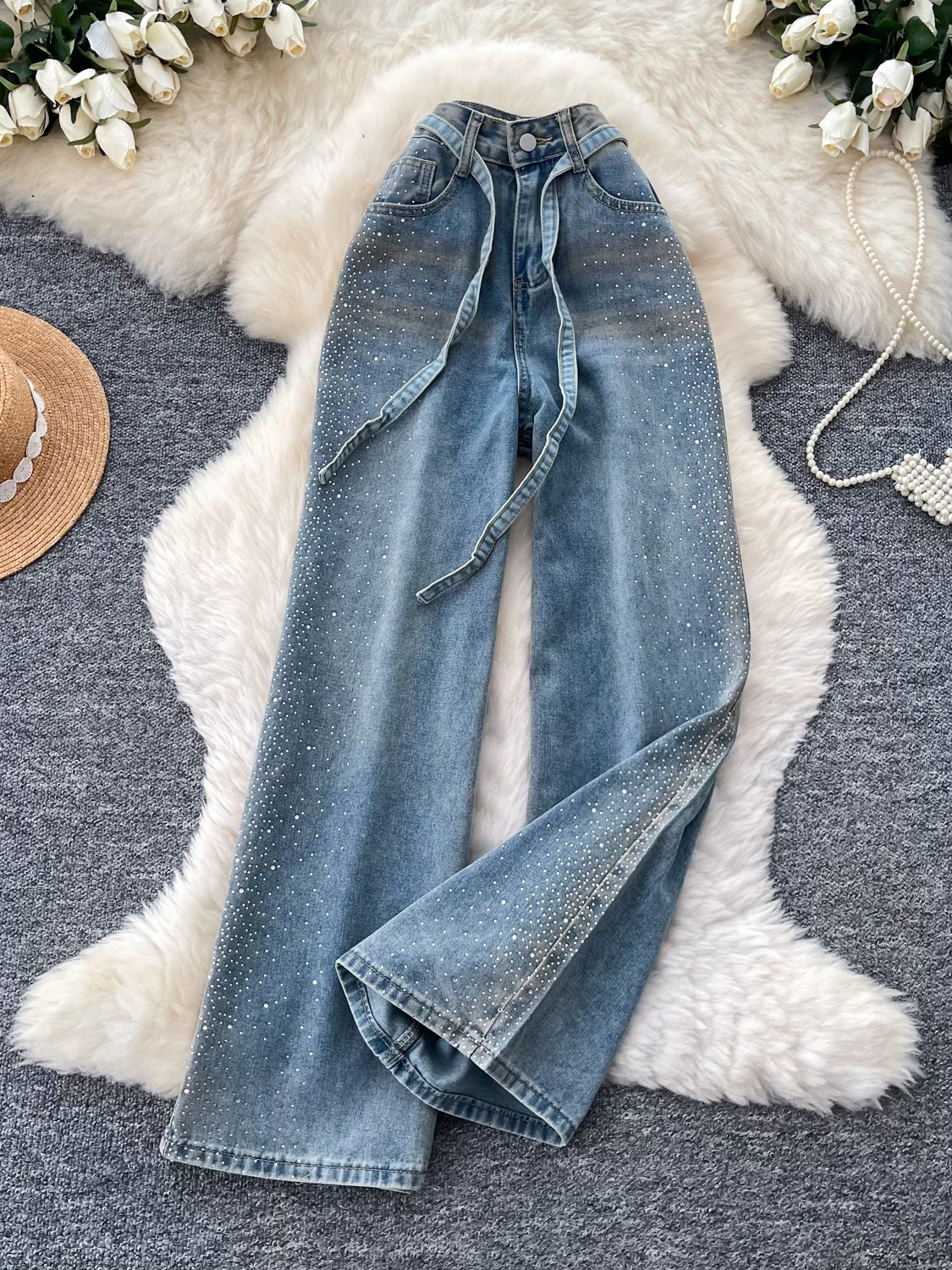 

Retro American High Waist Diamond Embellished Belted Denim Flared Pants Women's Loose Slimming Casual Long Trousers
