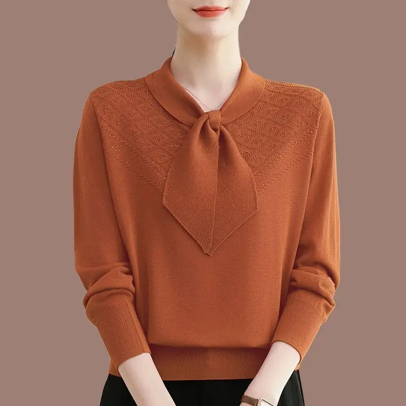 Spring Autumn Women Knit Pullover Long Sleeve Bow Neck Top Elegant Solid Color Sweater for Ladies Mature Fashion Daily Wear