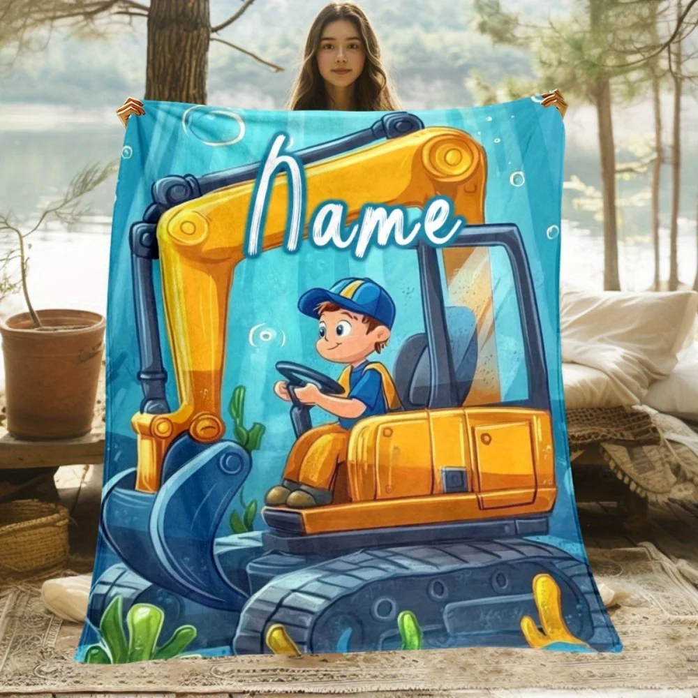 1Pc Personalized Custom Name/Text Excavator Design Flannel Blanket, Soft and Comfortable,Suitable for Office,Home,Unique Present