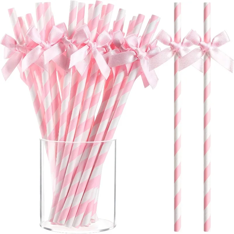 10pcs Pink Striped Bow Paper Straws with Ribbon Labels – Disposable Party Drinking Straws for Weddings, Bridal Showers