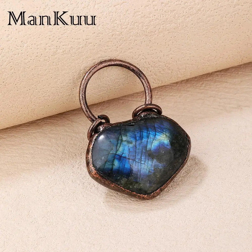mankuu vintage antique bronze plating natural stone heart shape tiger's eye rose quartz labradorite black agate pendant necklace