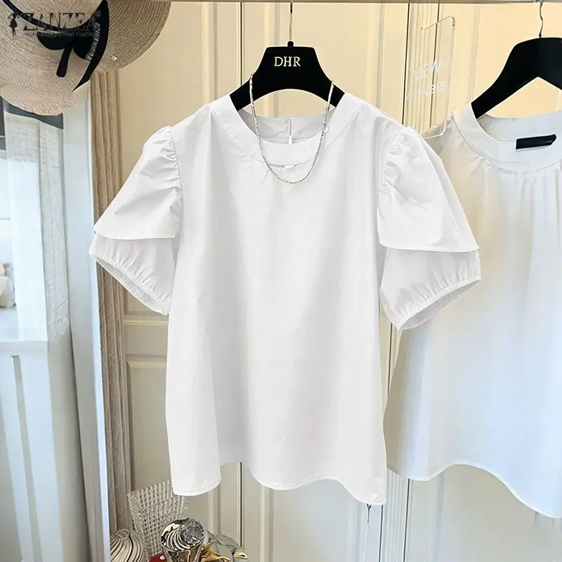 ZANZEA Casual Chic Short Puff Sleeve Blosues Women's Cutout O-Neck Solid Color Tops Summer Fashion Streetwear Blusas de Mujer