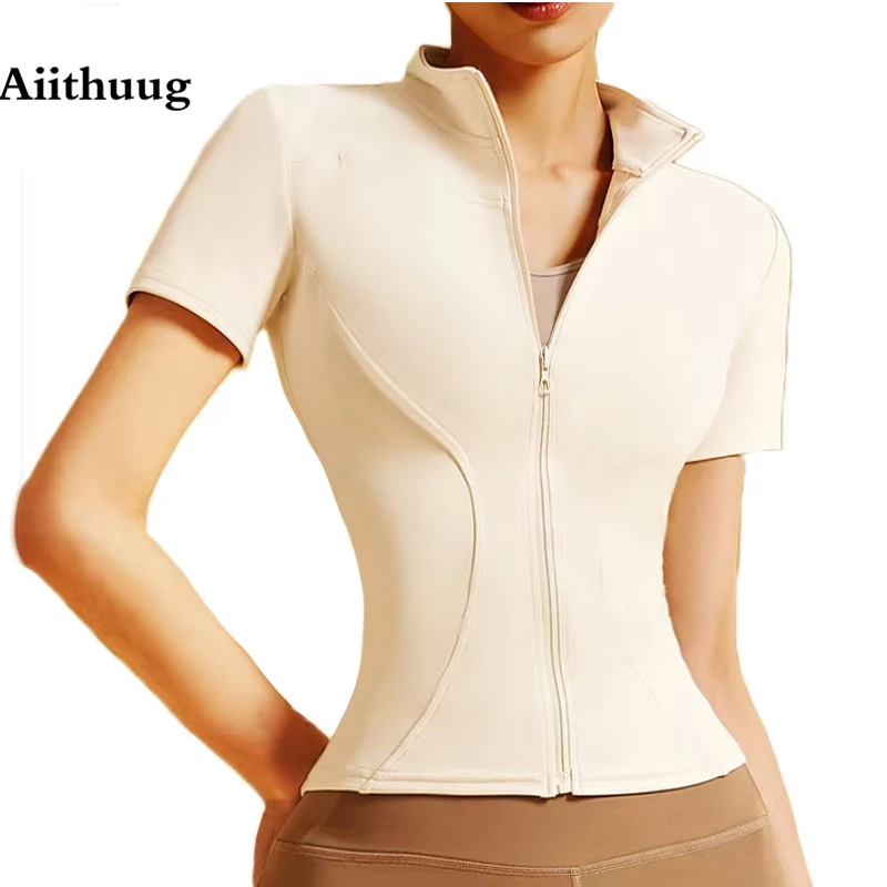 Aiithuug Yoga Jackets Short Sleeve Gym Workout Tops Fitness Workout Slim Waist Jacket Jogging Top Sports Short Sleeve Active