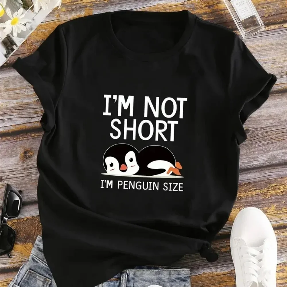 Im Not Short Im Penguin Size Letter & Animals Print T-Shir Crew Neck Short Sleeve T-Shirt Casual Every Day Tops Shirts for Women