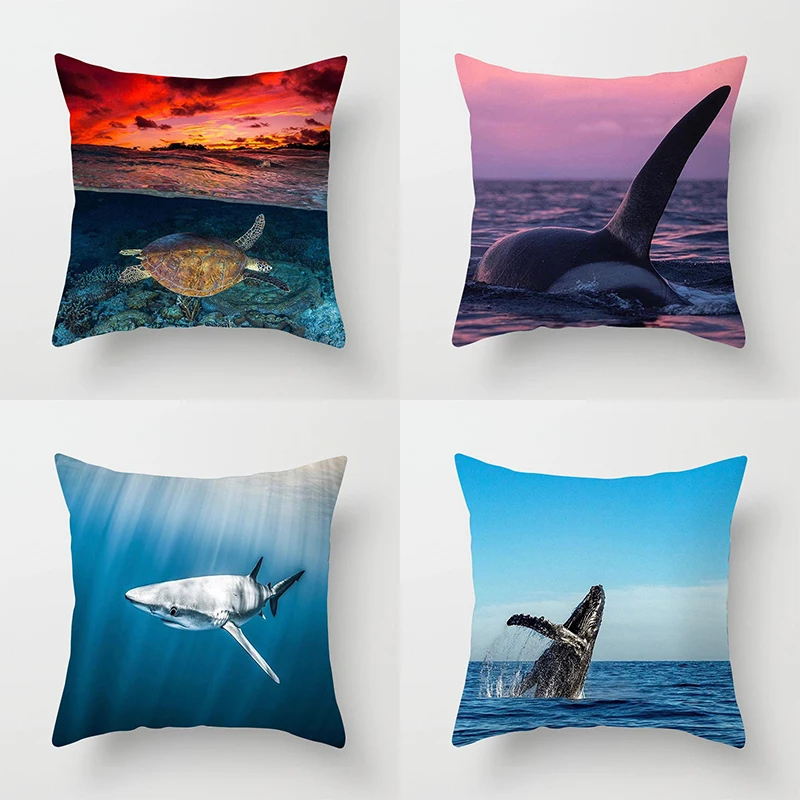 

45X45CM New Ocean World Sea Turtle Shark Dolphin Peach Skin Pillow Cover Car Sofa Cushion Home Decor