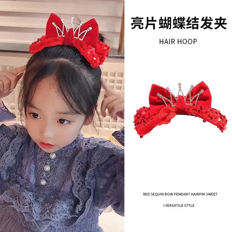 

Children's Hair Clip Sequin Princess Crown New Year Red Big Bow Top Clip Girl Birthday Headwear 3D Hair Clip