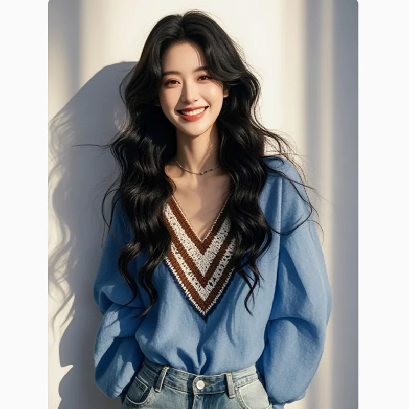 เสื้อสตรีทรงหลวม คอวี ลายทางสีน้ำเงิน สวยงามไม่ซ้ำใคร  สไตล์คลาสสิกย้อนยุค  แฟชั่นต้นฤดูใบไม้ผลิ  แขนยาว  ใส่ได้หลากหลายโอกาส