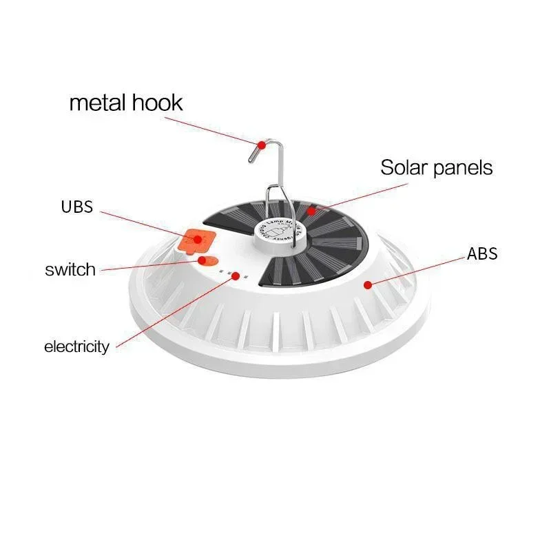 Solar Rechargeable LED Flying Saucer Bulb Light Outdoor Camping Night Market Waterproof Lighting