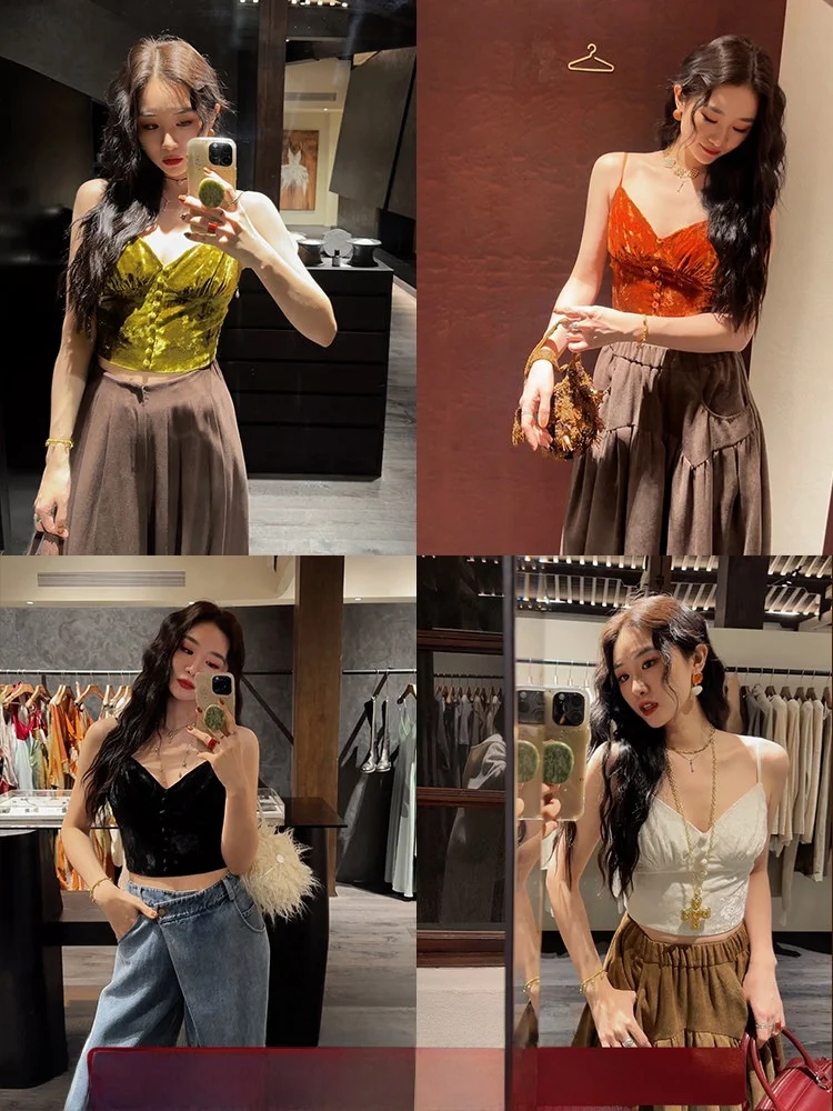 

Sangji Bla Flower Velvet Strap Vest Women's Svel Top Inner Wear Outerwear Trendy Commute Sle Regular Length Pure Color