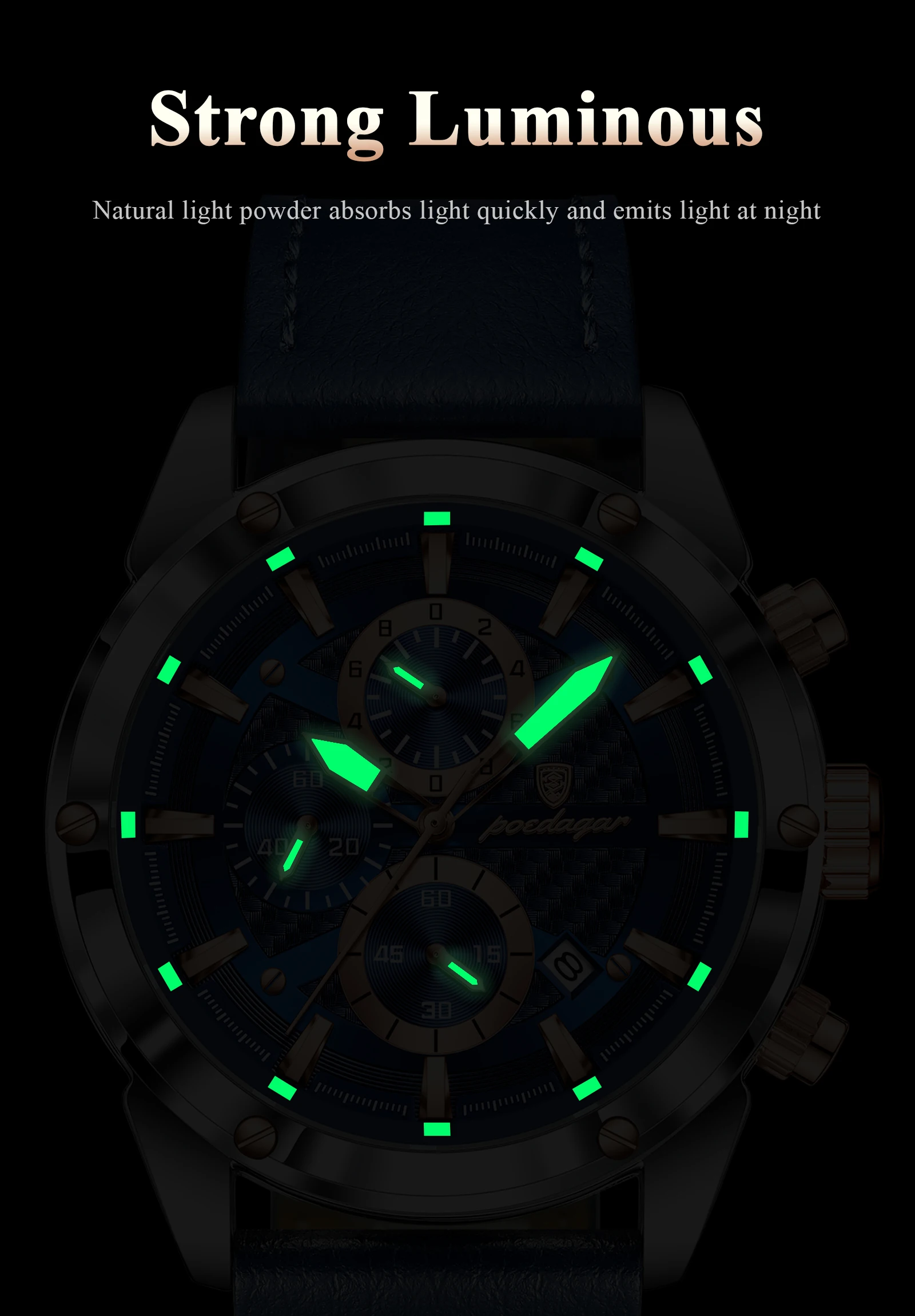 POEDAGAR Business-Mann-Uhr, wasserdicht, leuchtend, Chronograph, Datum, Original-Uhren für Herren, Leder, Luxus-Herren-Quarz-Armbanduhr – Detail 10