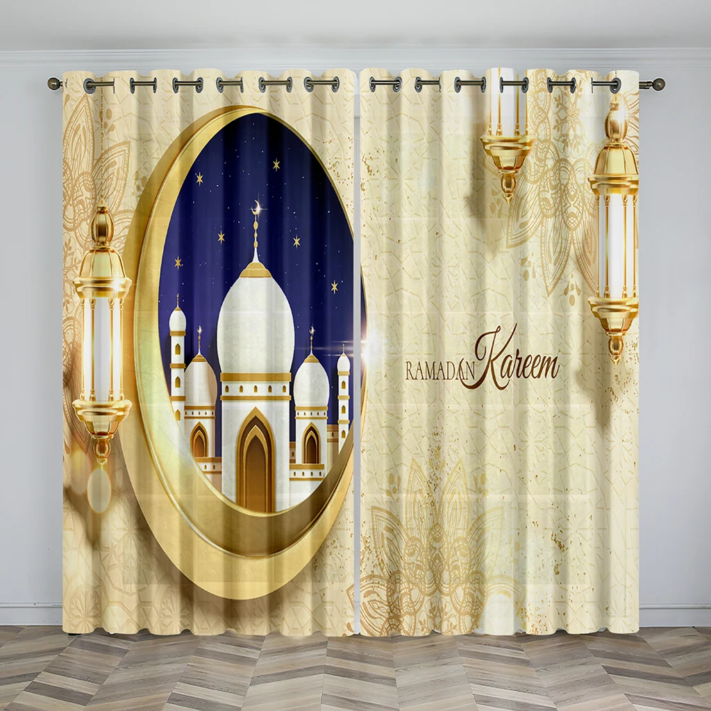 Hot Selling Eid Mubarak Lslamic Muslim Ramadan Festival Shading Drapes Window Curtain for Living Room Bedroom Decor 2 Pieces