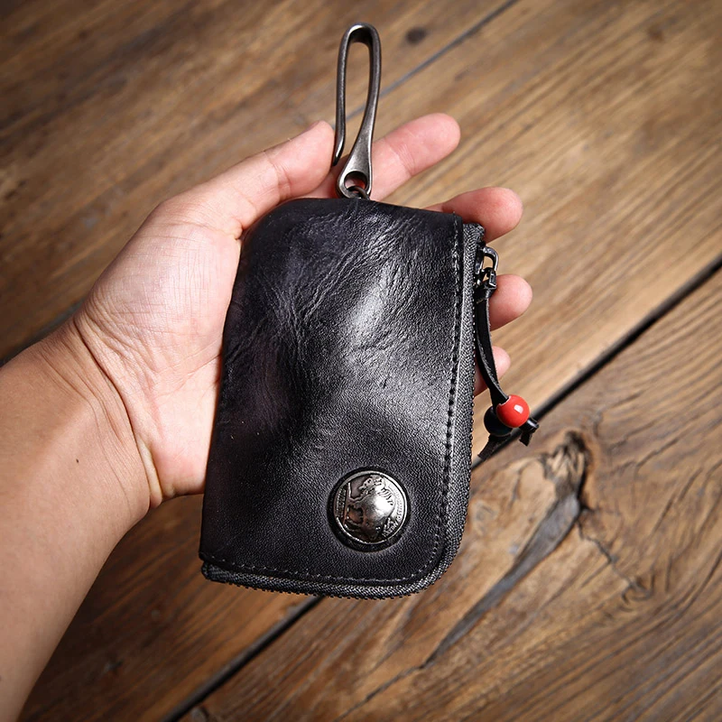 ROOG Men's Genuine Leather Home Car Key Bag Vintage Key Chain Luxury Cowhide Coin Purse Women's Zipper Mini Wallet Card Holder