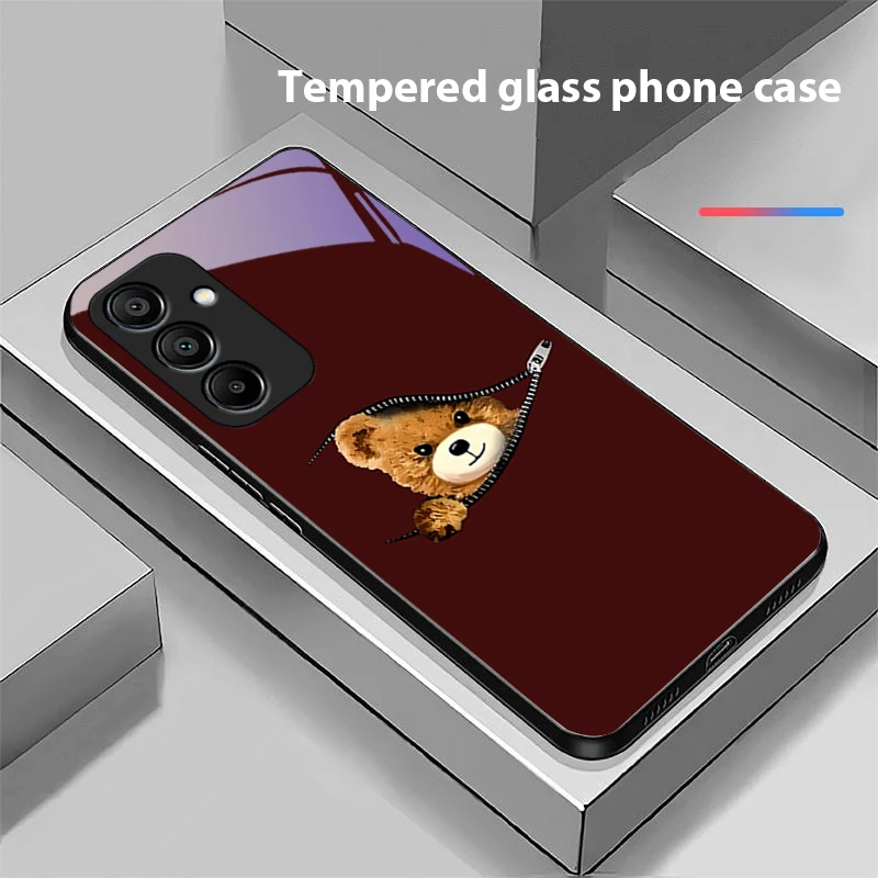 Zipper Bear Brown For Samsung Galaxy A15 5G 54 4G 51 50 24 35 90 71 12 51 53 52S 80 22 34 Black Tempered Glass Phone Case