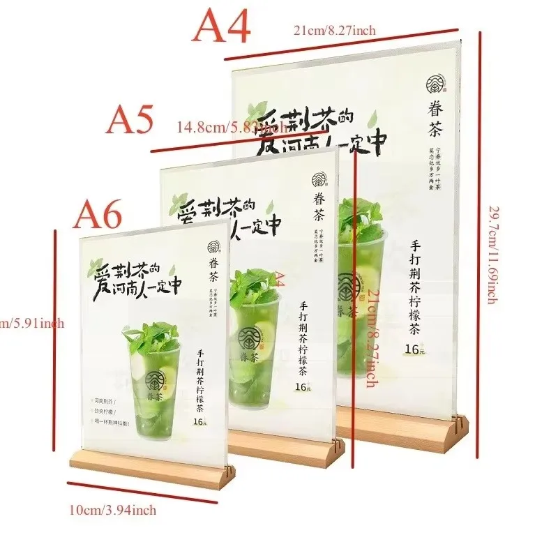 1pcs Clear Acrylic Menu Display Stand Sign Holder With Wooden Base Picture Frame Poster Holder For Restaurants Home Office Store
