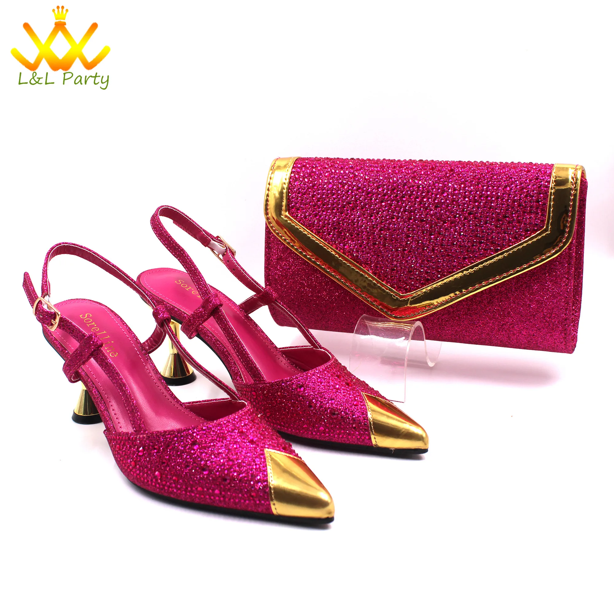 

2024 Sexy Office Ladies Shoes and Bag Set in Fuchsia Color High Quality New Design Pointed Toe with Crystal for Party