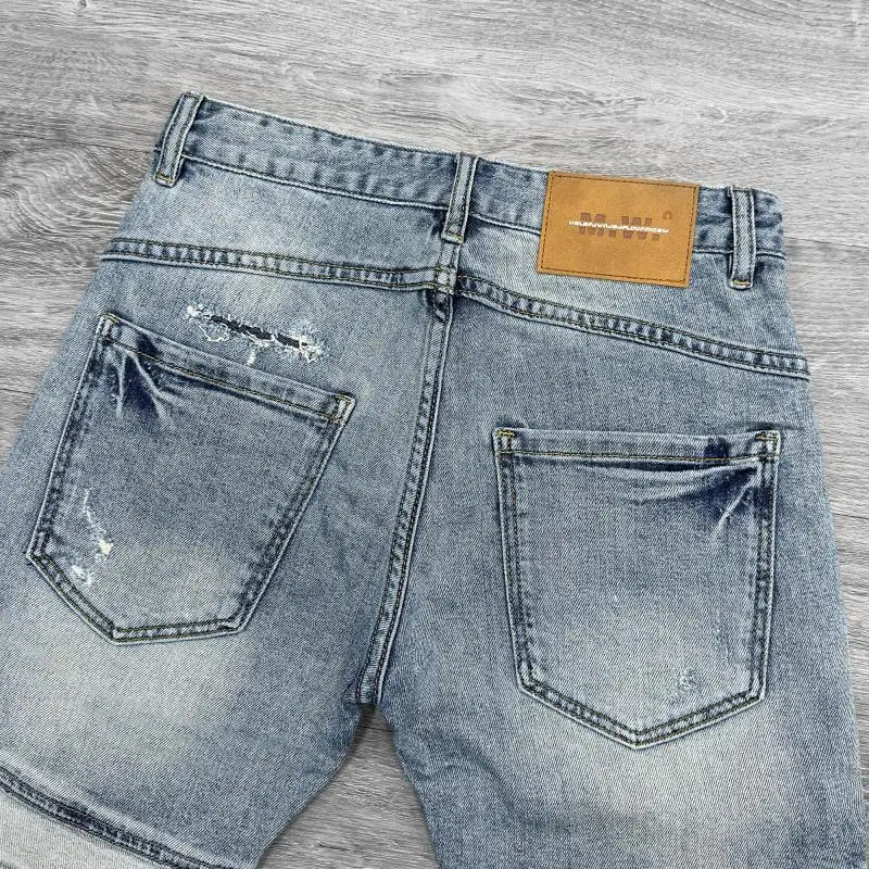 New Shorts Men\'s Spliced Denim Shorts Knee Length Designer Luxury Streetwear Distressed Korean Luxury Casual Summer Short Jeans