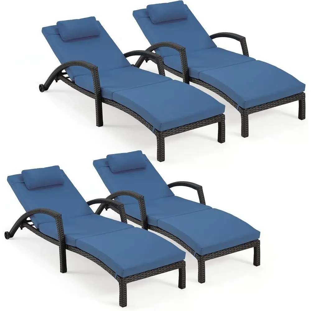 

4-Piece Outdoor PE Rattan Reclining Lounge Chairs Set with 5-Position Adjustable Armrests, Suitable for Patio, Poolside, or Deck