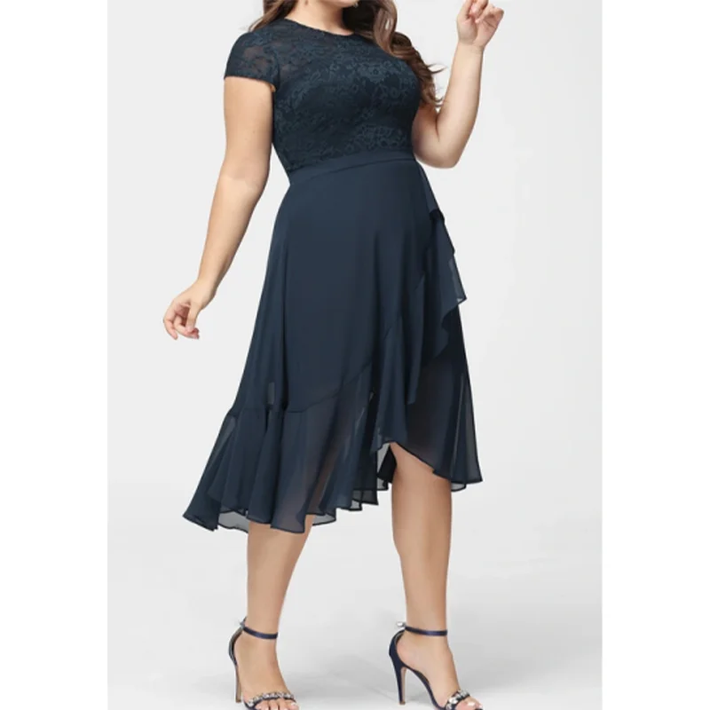 Plus Size Temperament Mother of the Bride Dresses Waistband Lace Patchwork Chiffon Dress Irregular Hem A-Line O-Neck Dress