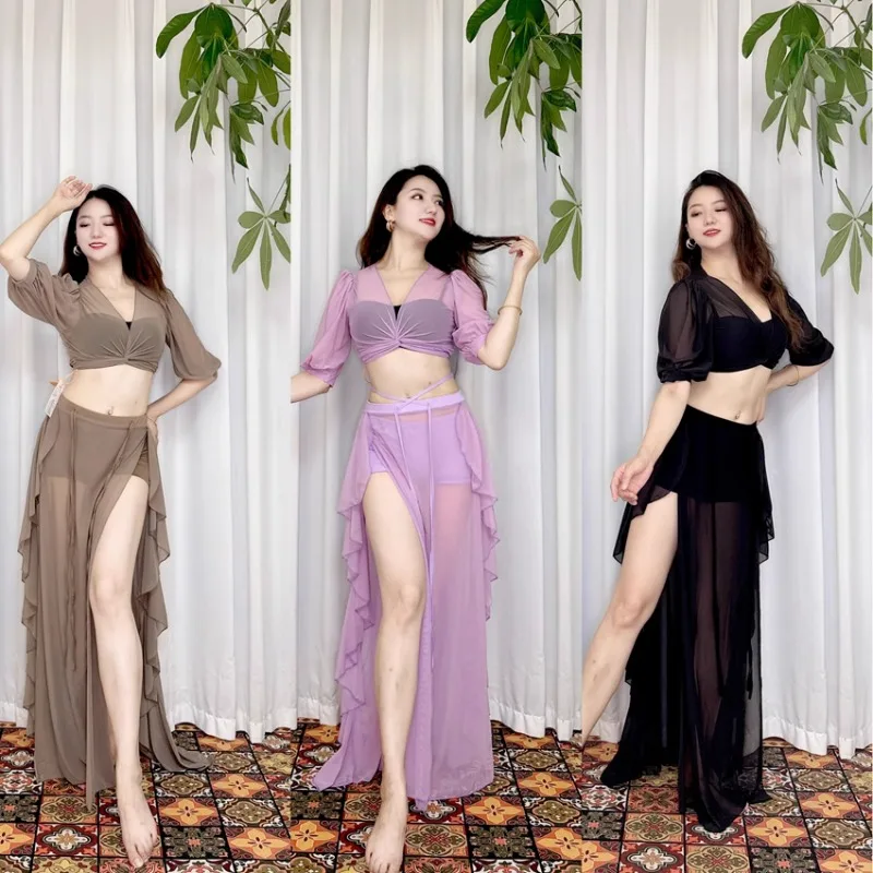 Customized Swegal Belly Dance Costume Mesh Lantern Sleeve Top Lace Double Slit Long Skirt Novice Cheap Indian Clothes Women Suit